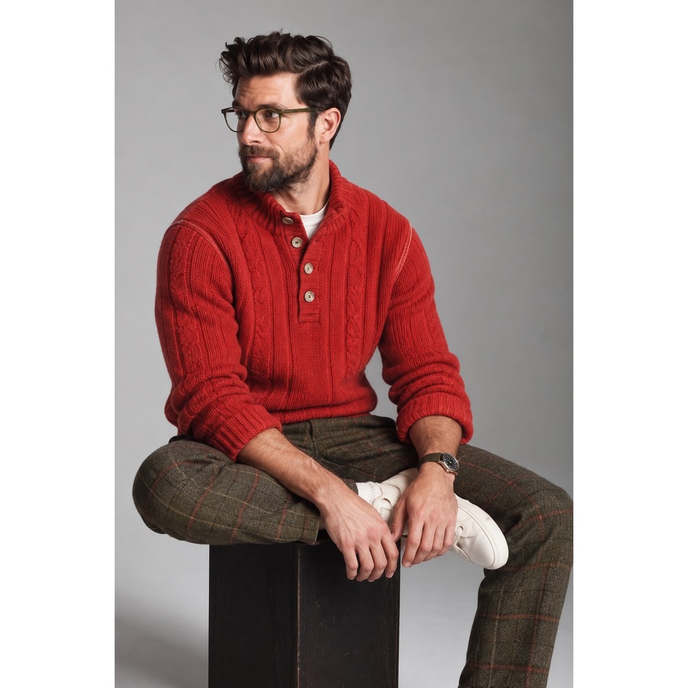 Tommy Bahama Jeans Mens Red Cable Knit Mock Neck Button Henley Sweater